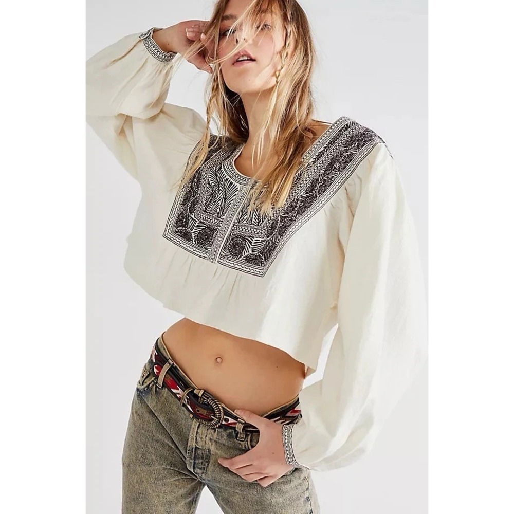 NWT Free People Iggie Embroidered Top XS Boho Festival Oversized Crop MSRP $128 - Picture 3 of 14